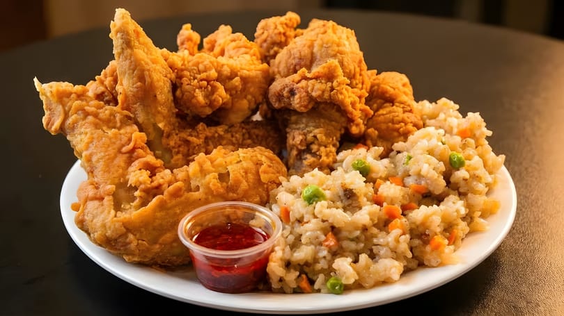 A plate of crispy fried chicken, vegetable fried rice, and a side of red dipping sauce.