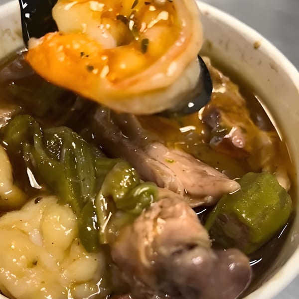 Close-up of a spoonful of gumbo with shrimp, chicken, and okra in a white bowl.