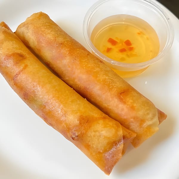 Two golden-brown fried spring rolls on a white plate with a side of dipping sauce.