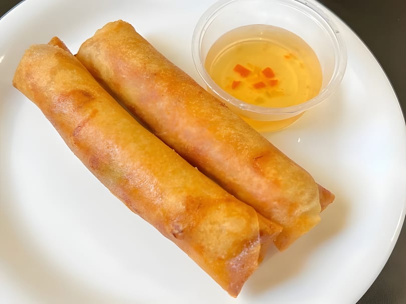 Two golden-brown fried spring rolls on a white plate with a side of dipping sauce.
