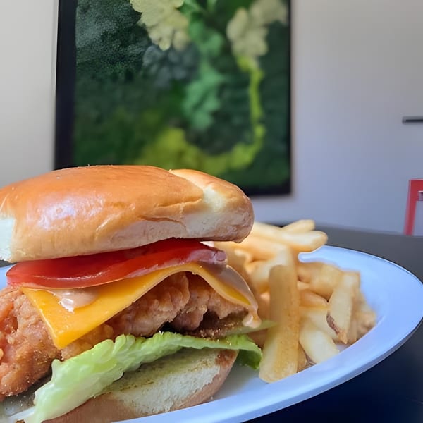 Crispy chicken sandwich with cheese, tomato, and lettuce, served with golden fries on a white plate.