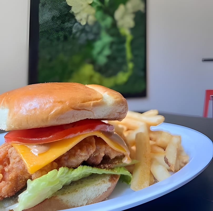 Crispy chicken sandwich with cheese, tomato, and lettuce, served with golden fries on a white plate.