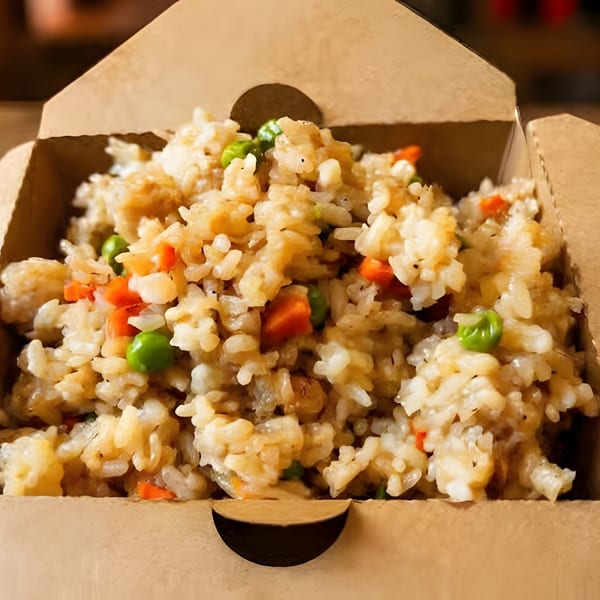 Fried rice with peas and carrots in a brown takeout box on a wooden table.