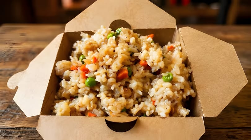 Fried rice with peas and carrots in a brown takeout box on a wooden table.