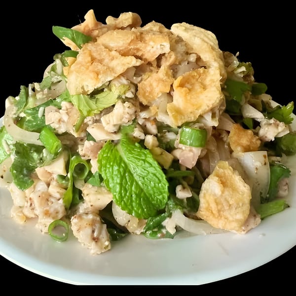 Chicken salad with green onions, cilantro, and crispy fried wonton strips on a white plate.