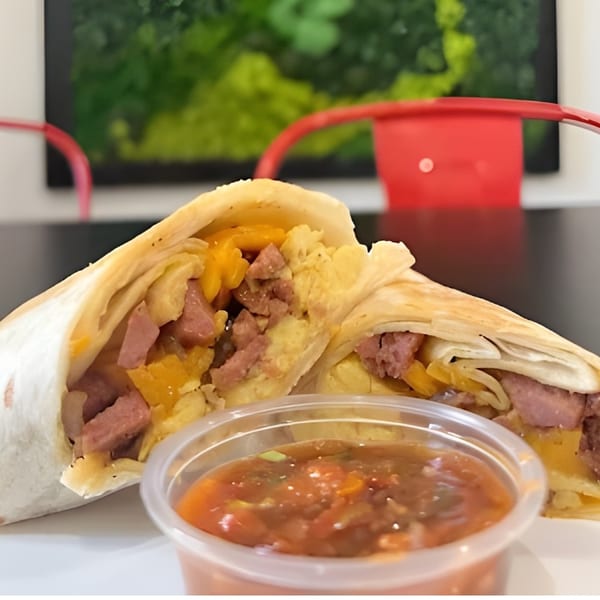 Breakfast burrito filled with scrambled eggs, sausage, and cheese, served with a side of salsa.