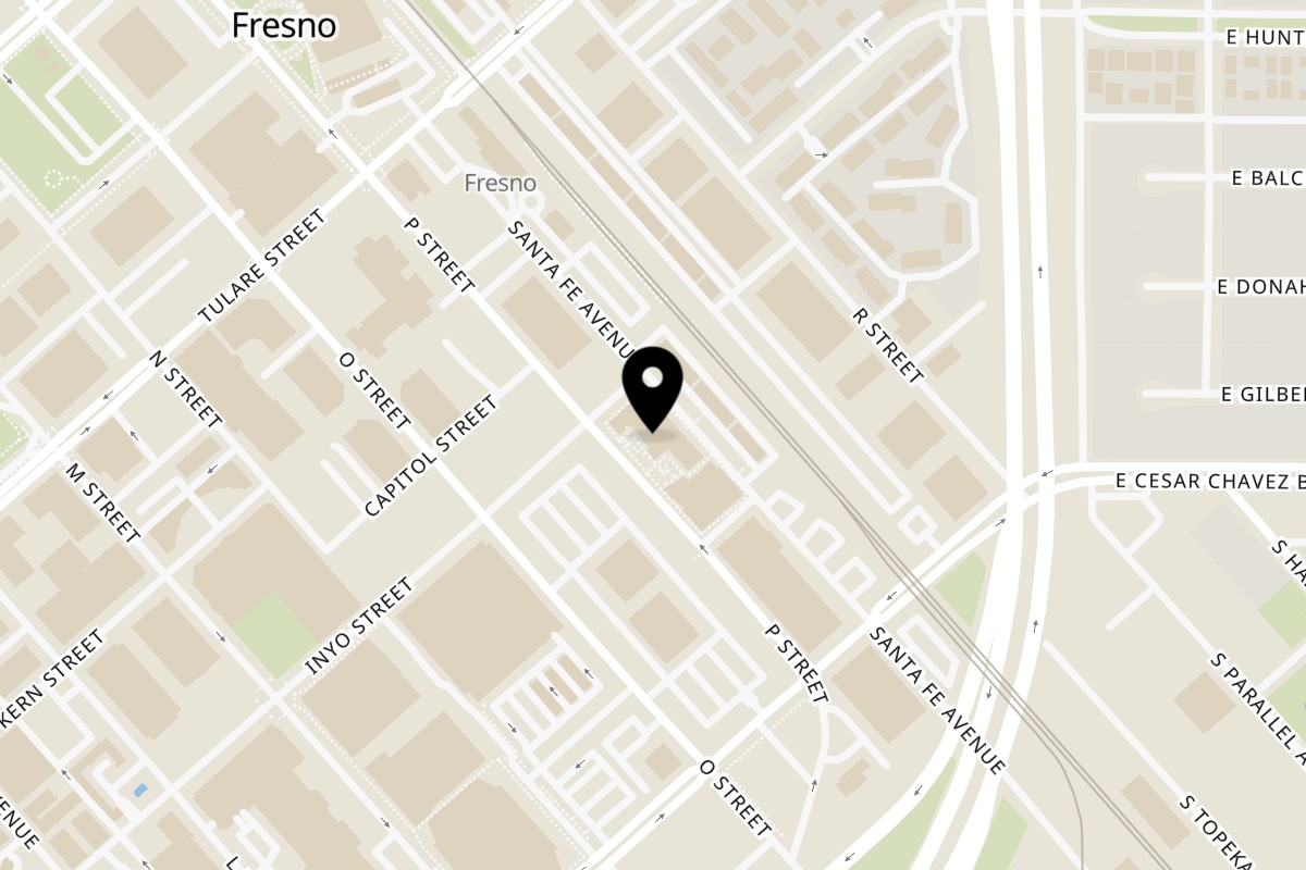 Map showing the location of Sticky Chix on 744 P St Ste 103 in Fresno